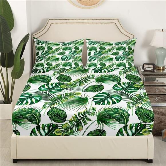 Palm Leaves Bed Sheets Hawaiian Sheet Set Monstera Banana Leaves Bedding Set - Picture 7 of 8